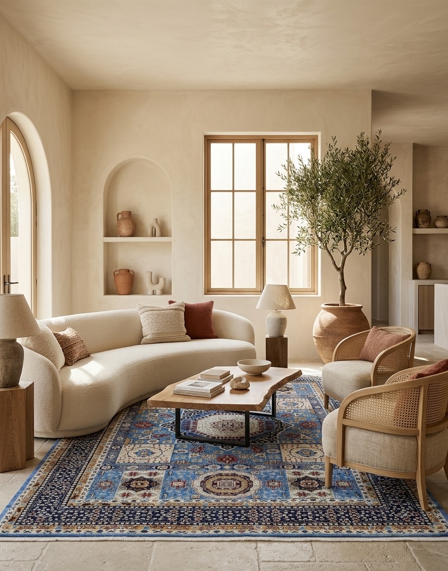 Modern living room with curved sofa and rug